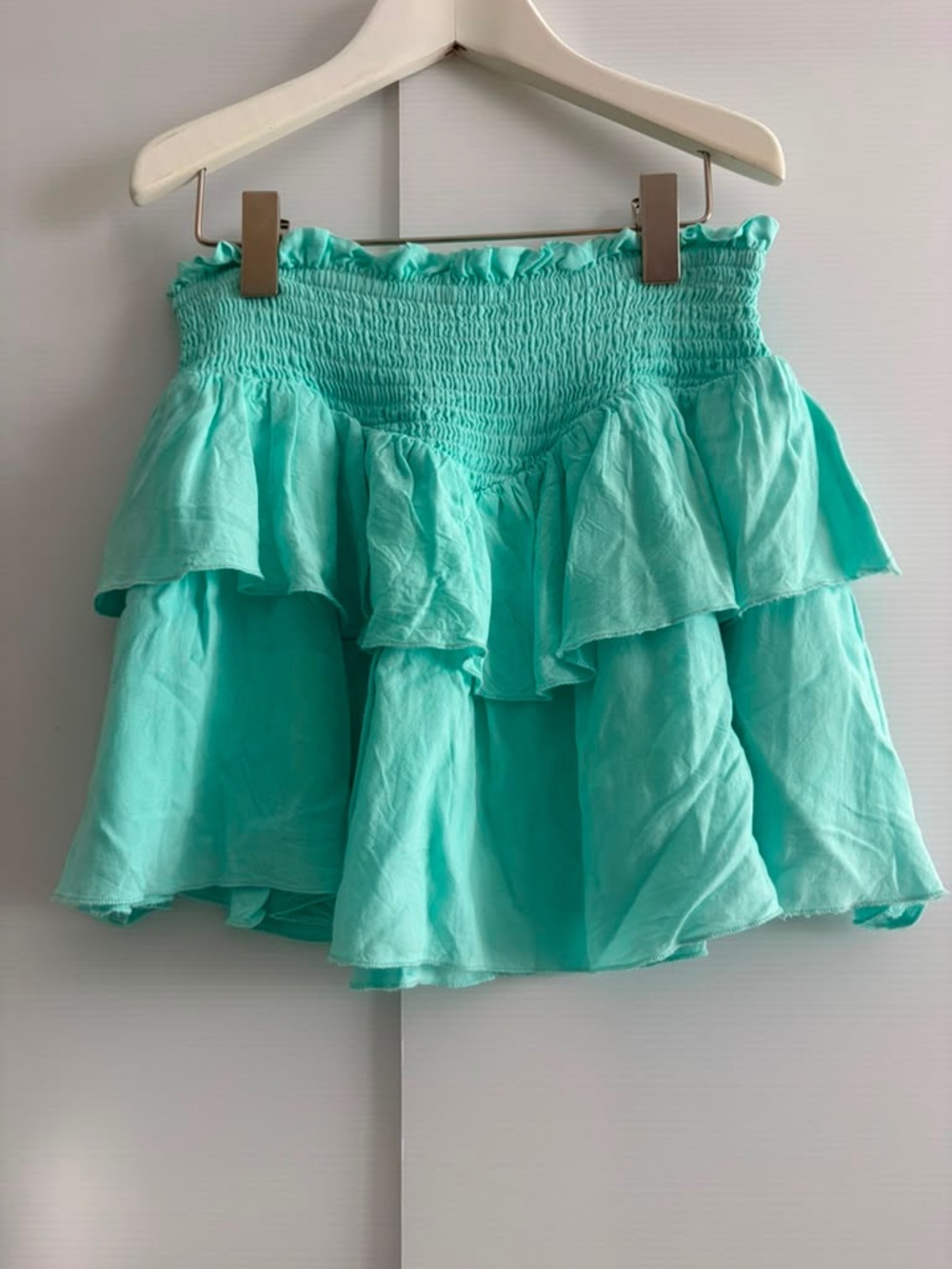 Katie J NYC Girls Tween Aqua Tiered Ruffle Smocked Mini Skirt | size 10-12